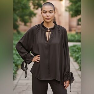 NILI LOTAN 100%‎ SILK Royan Blouse L Dark Brown